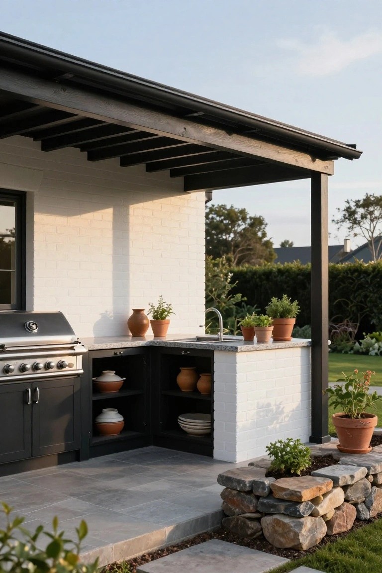 Corner outdoor kitchen under black wood pergola with stainless steel grill, black cabinets storing terracotta pots, white brick wall with sink and potted herbs on granite counters, gray tile patio, and stone wall garden bed nearby.