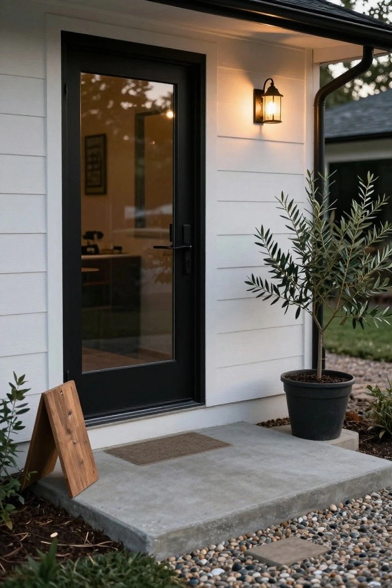 White board-and-batten siding on house exterior with black metal-framed glass front door, wall-mounted lantern light, potted olive tree, wooden A-frame sign leaning nearby, doormat on concrete porch step, gravel mulch bed and plants at base.