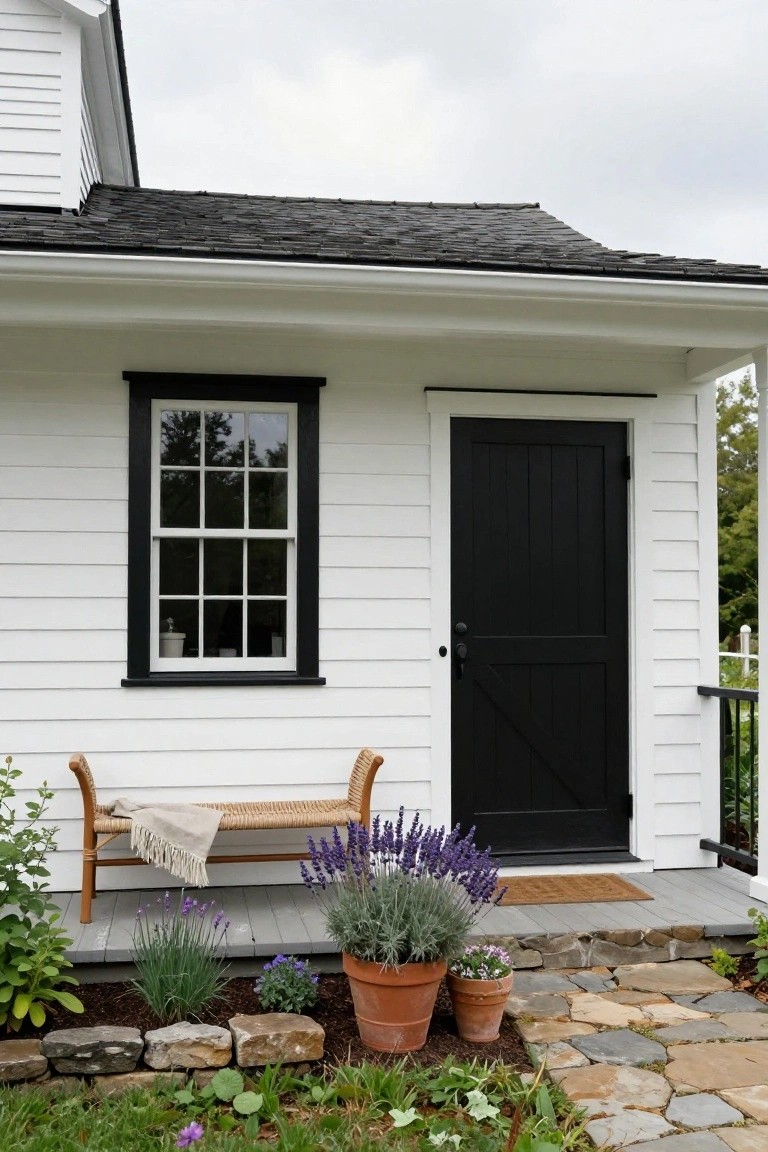 White clapboard house exterior with black front door, black window frame, wicker bench on porch, potted lavender plants, and stone pathway.