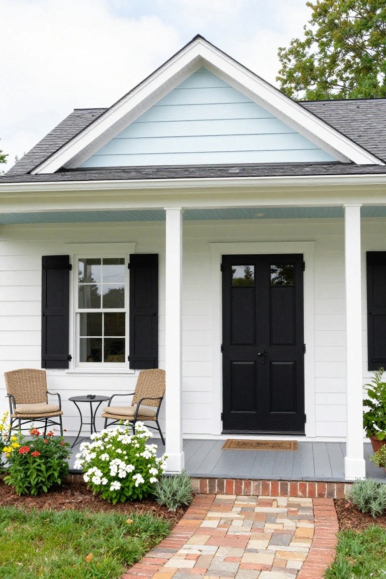 White clapboard house with light blue gable, black double front doors, black shutters flanking a window and door, porch with two wicker chairs and small table, flowers and plants nearby, brick walkway leading to gray porch steps.