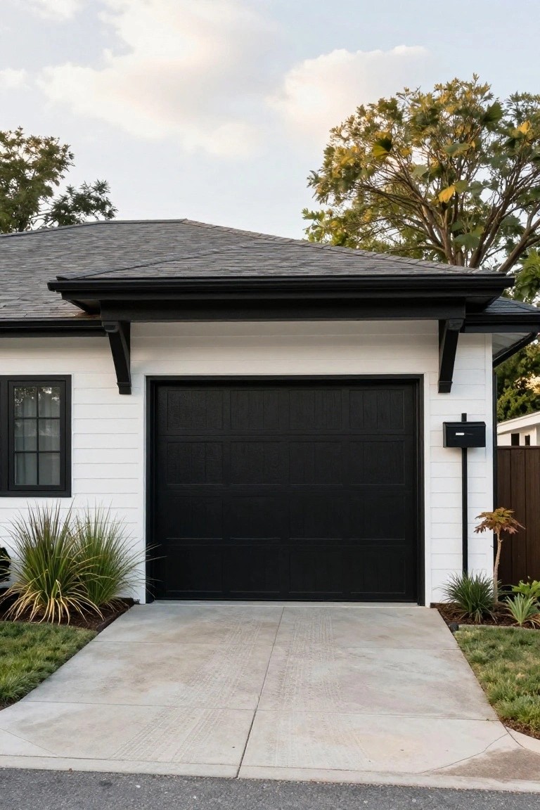 White board-and-batten house exterior with black garage door, black trim and eaves, concrete driveway, grasses in front, and trees nearby under partly cloudy sky.