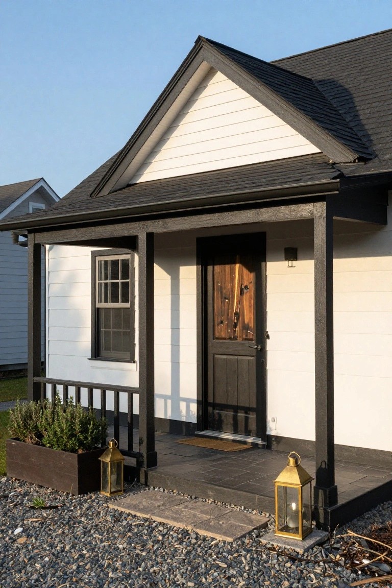 White clapboard house with gabled black-shingled roof, black porch supports and trim, dark wooden door, flanked by two gold lanterns, boxwood planter, and gravel yard with stone steps.