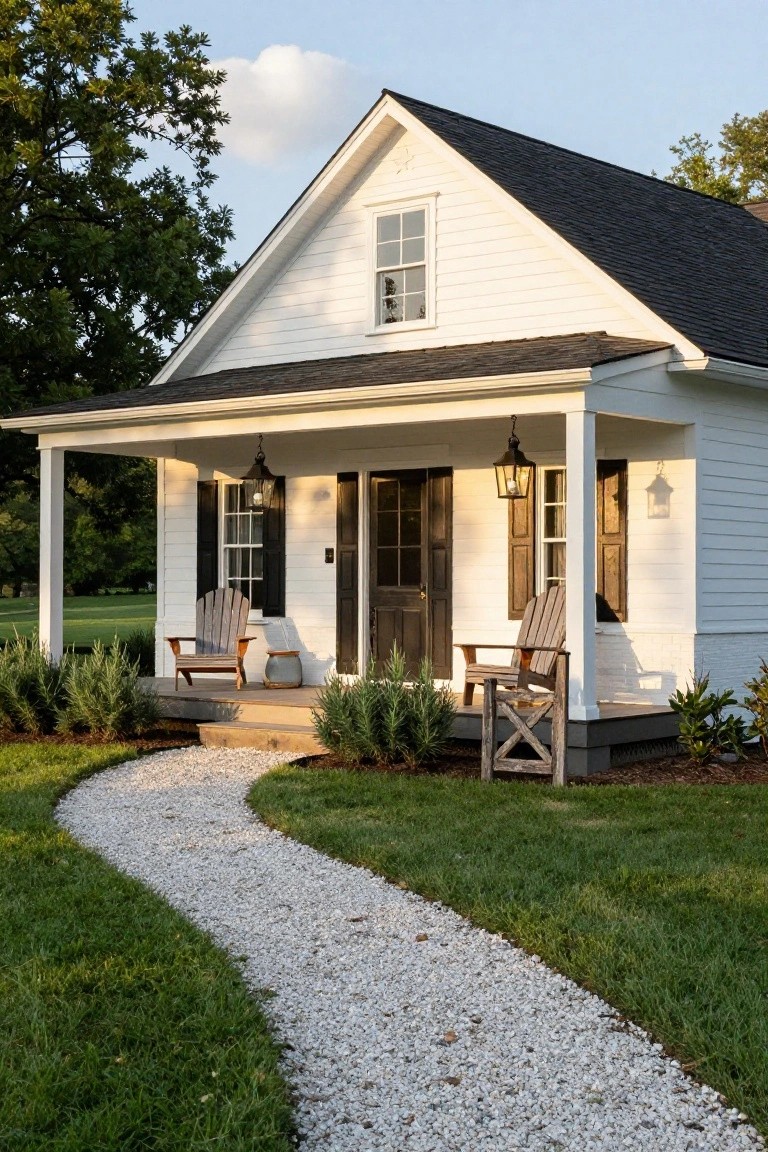 White clapboard farmhouse with black asphalt shingle roof and dark wood front door, wraparound porch with two Adirondack chairs, lanterns, gravel path, and low shrubs in a grassy yard.