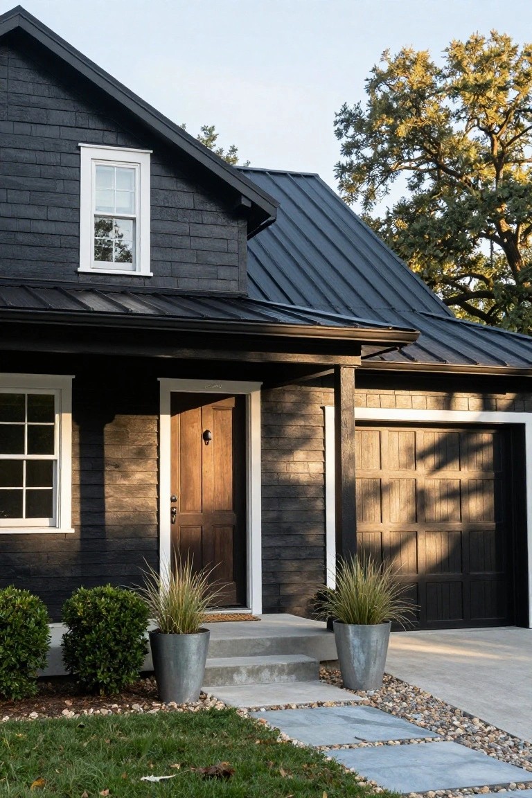 Front view of a two-story house with black shake siding, dark metal gabled roof, white-trimmed windows and wood entry door, attached garage, concrete steps, potted grasses and shrubs by the entrance, and gravel path on a lawn.