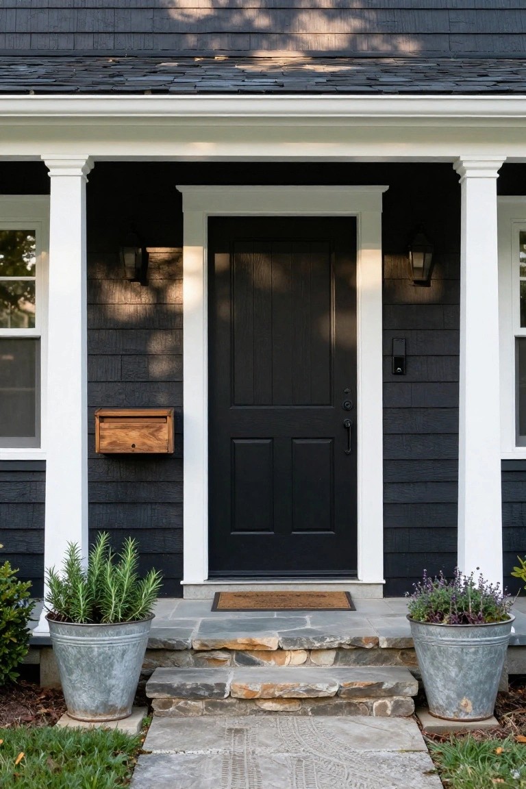 Front view of a dark shingle house with white porch columns and trim, black paneled door, wooden wall mailbox, lantern lights, and galvanized bucket planters holding rosemary and lavender on stone entry steps.