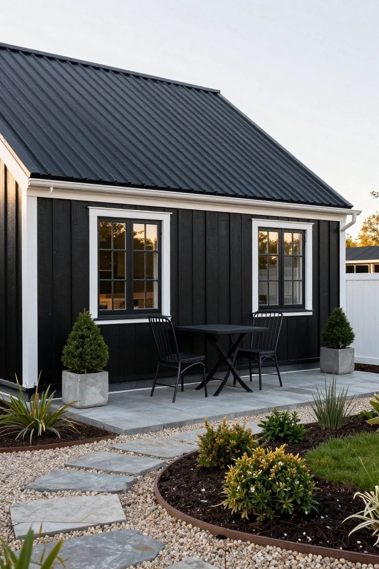 Black board-and-batten sided shed building with white trim around windows and roofline, metal roof, small black metal table and chairs on gray paver patio, potted plants, gravel path, and landscaped beds with shrubs.