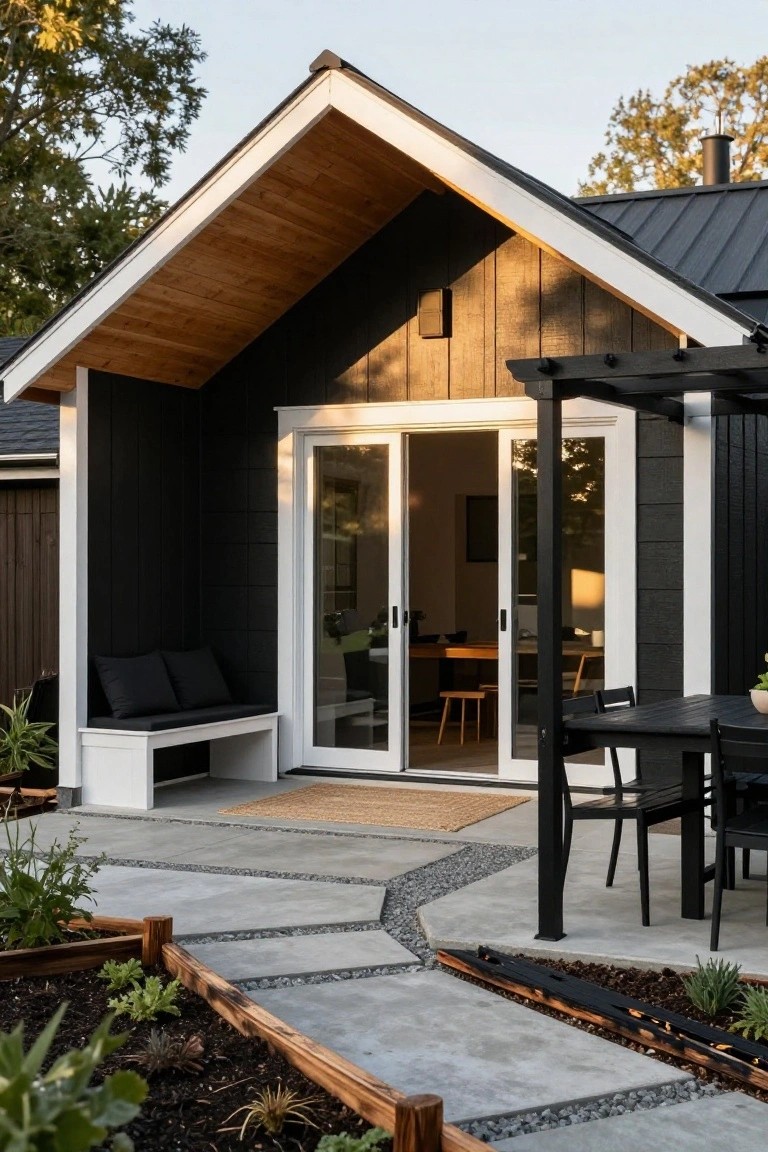 Small gabled house exterior with black board-and-batten siding, white trim, exposed wood roof overhang, open sliding glass doors, black metal pergola over patio with table and chairs, white bench, concrete pavers, gravel paths, and raised garden beds.
