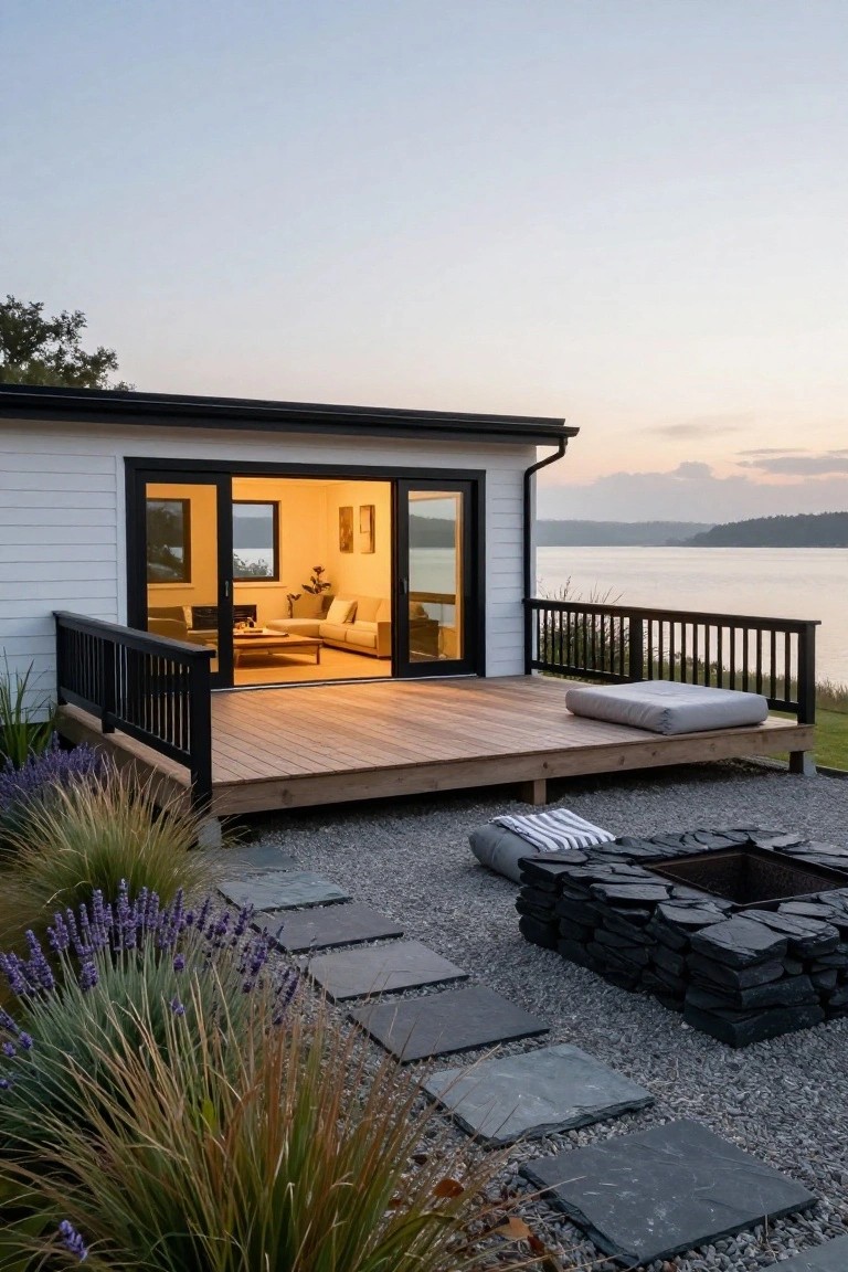 White house with black-framed doors and windows on a wooden deck overlooking a lake, adjacent to a gravel patio with black stacked stone fire pit, slate stepping stones, and ornamental grasses.