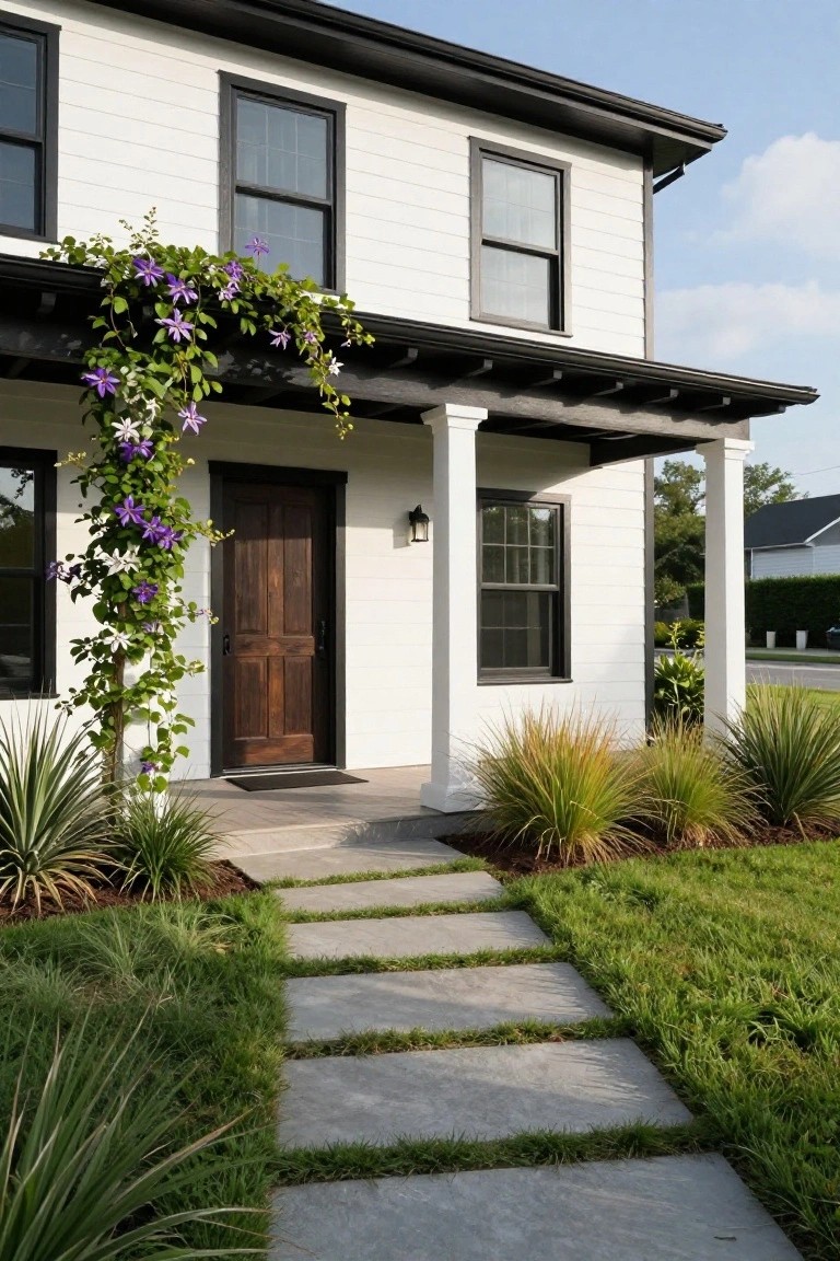 White clapboard farmhouse with black window frames and trim, dark wood front door under a covered porch with columns, purple clematis vine climbing one column, agave and grass plantings along a flagstone path to the entry.
