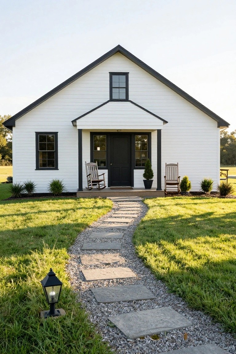 White board-and-batten farmhouse exterior with black window frames, front door, roofline, and porch supports, two rocking chairs on the porch, boxwoods nearby, and a flagstone path through green lawn to the entrance.