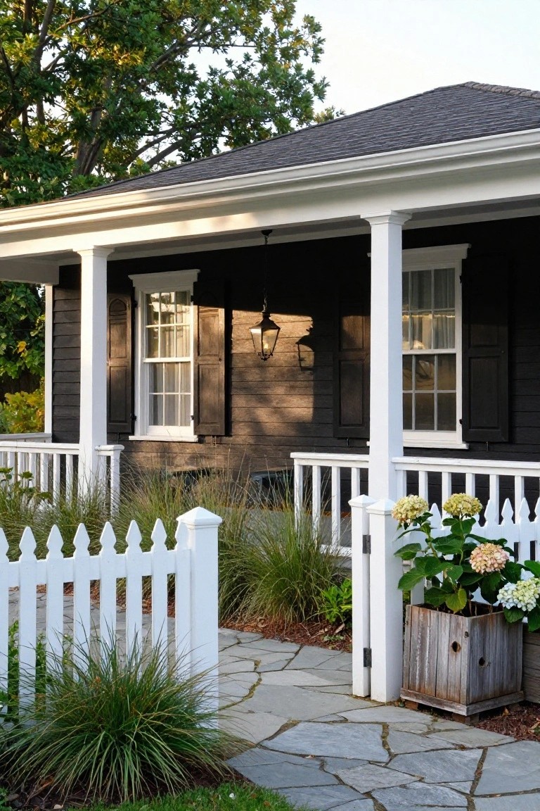 Black shingled farmhouse with white porch, columns, trim, double-hung windows, lanterns, white picket fence, stone path, ornamental grasses, and white hydrangeas in a wooden planter.
