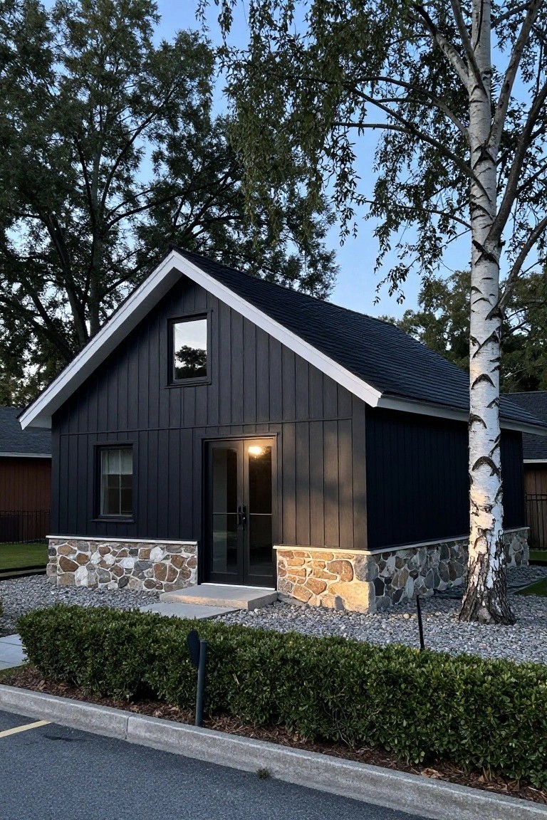Small gabled black board-and-batten house with white trim, stone foundation, lit double glass entry doors, tall birch tree beside it, boxwood shrubs and gravel yard in front.