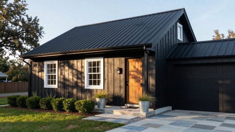 Front view of a two-story house with black shake siding, dark metal gabled roof, white-trimmed windows and wood entry door, attached garage, concrete steps, potted grasses and shrubs by the entrance, and gravel path on a lawn.