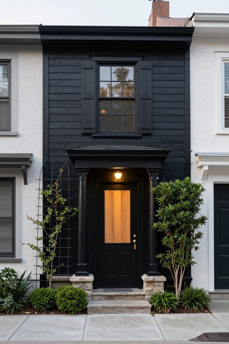 Narrow two-story townhouse with black horizontal siding, white adjacent walls, columned entry porch with lantern light, wooden door, and low plants along the front sidewalk.