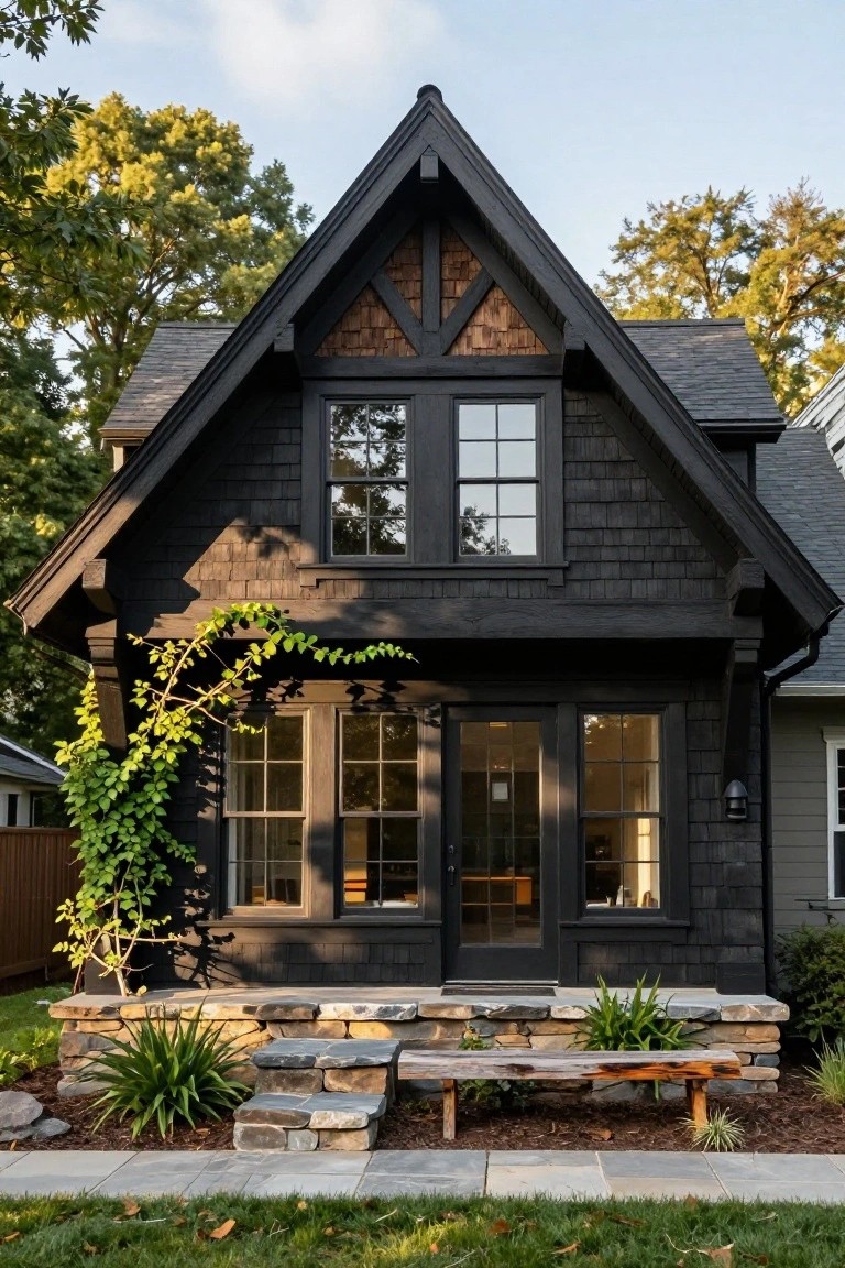 A black shingled Craftsman-style house with a prominent gabled roof featuring dark timber accents, double glass doors flanked by windows, climbing vines on one side, stone steps and retaining wall with plants and a wooden bench in front, surrounded by grass and trees.
