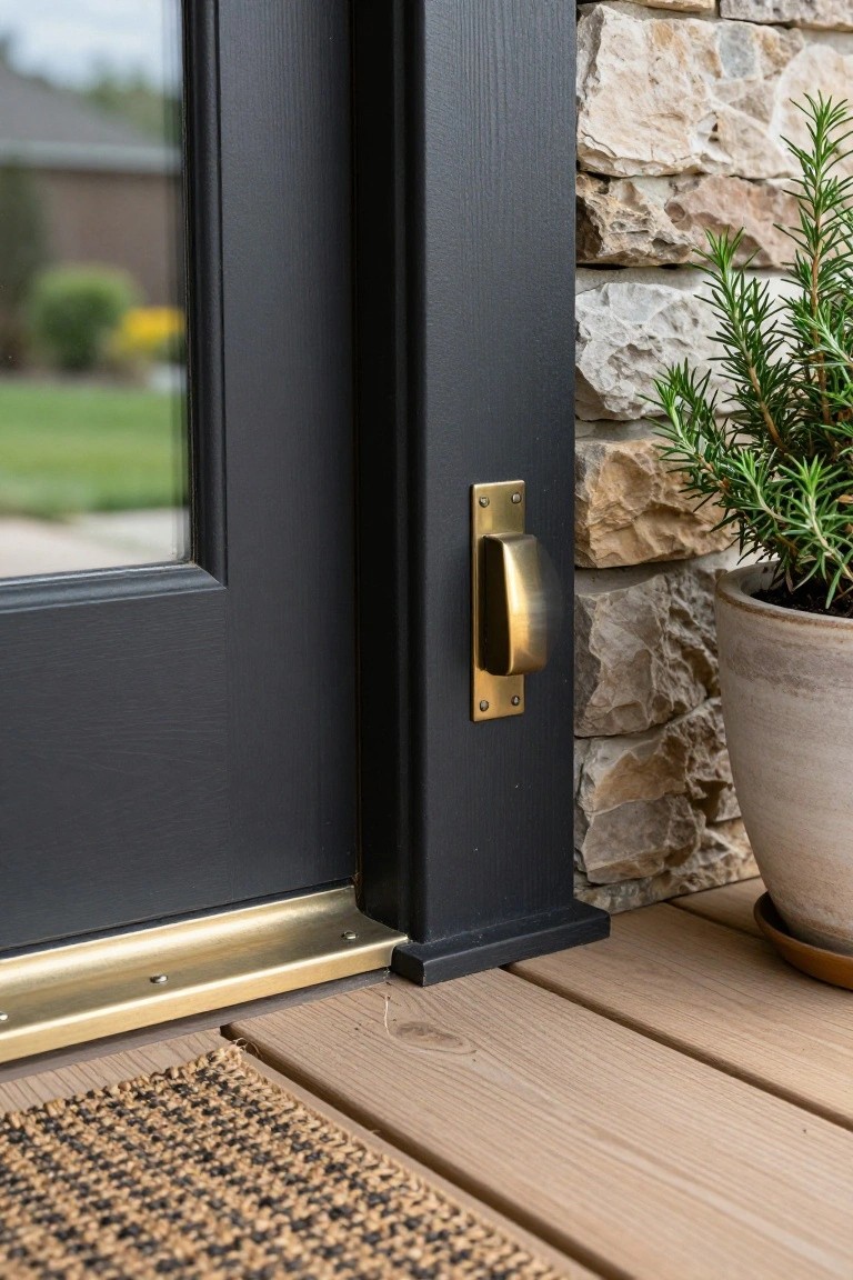 Close-up view of a black front door with brass pull and threshold, beside a stone wall and potted rosemary plant on a wooden deck with seagrass doormat.