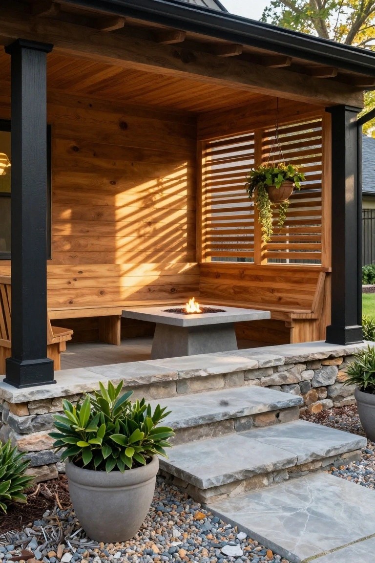 Covered wooden porch pavilion with black posts and slatted screens enclosing built-in benches around a concrete gas fire pit table, stone steps leading up from gravel path with potted plants.