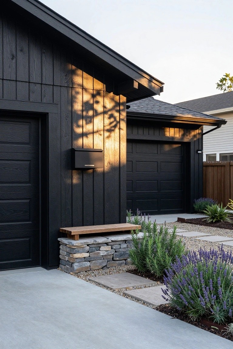 Black Craftsman-style garage exterior with vertical wood siding, a single dark door and double garage doors, a black mailbox, a wooden bench on a stacked stone base next to the single door, lavender plants, gravel path, and concrete driveway.