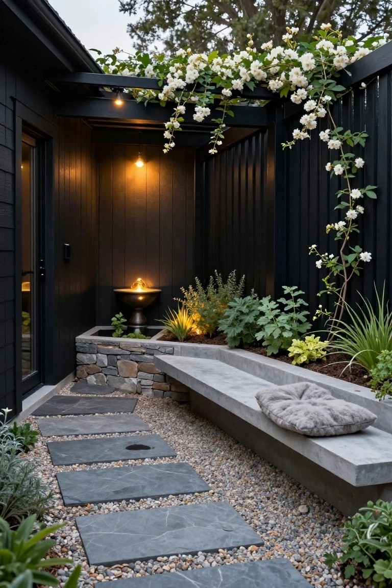 Small outdoor courtyard with black wood walls and fence, concrete bench topped with fluffy gray cushion, metal fire bowl fountain amid plants, gray stone path on gravel ground, white flowering vine overhead.