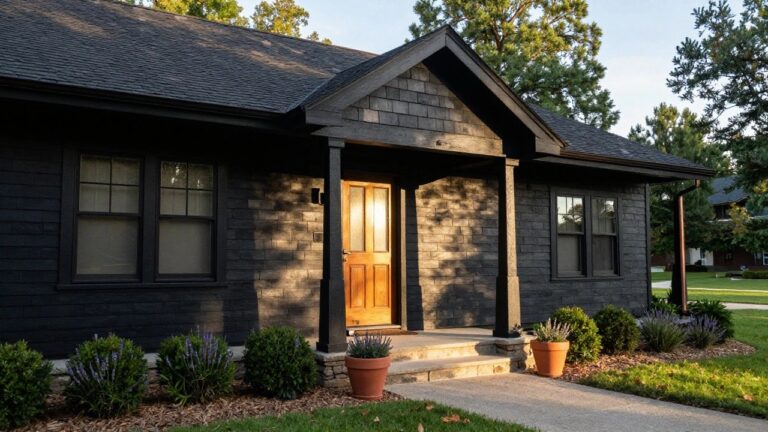 Two-story black shingle Craftsman house exterior featuring a prominent arched wooden front door with glass panel, black porch supported by stone pillars, potted lavender plants on the steps, boxwoods, and a concrete walkway bordered by grass and gravel beds.