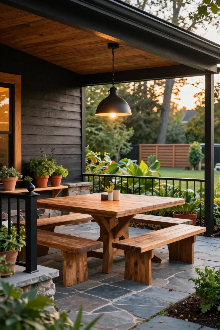 Covered porch attached to a black wood-sided house, with a large rectangular wooden picnic table and two benches on a slate stone patio, potted plants nearby, and a black pendant light hanging from the wood ceiling.