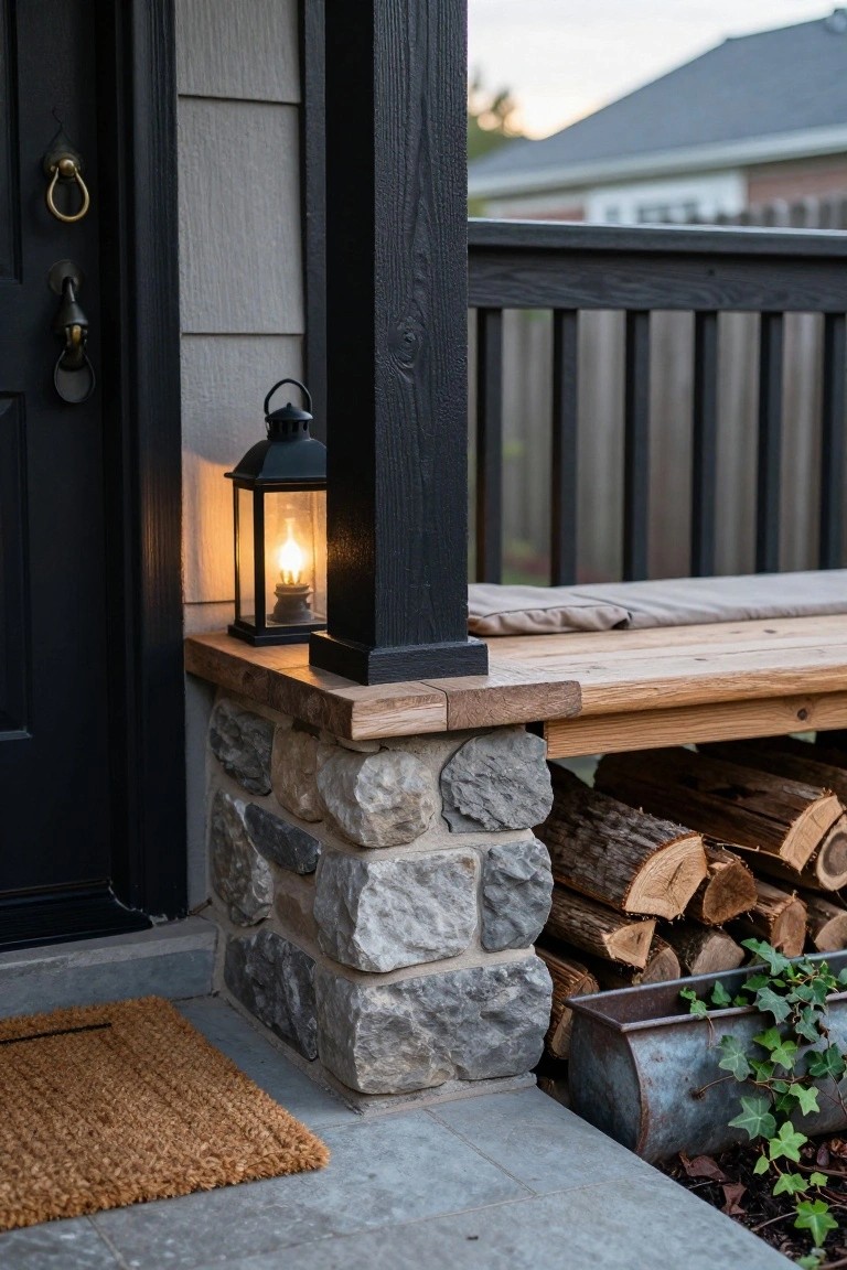 Black front door on a Craftsman-style house with a hanging lantern, stone pillar base holding stacked firewood and topped by a wooden bench with cushion, doormat, and metal planter with ivy on a concrete porch.