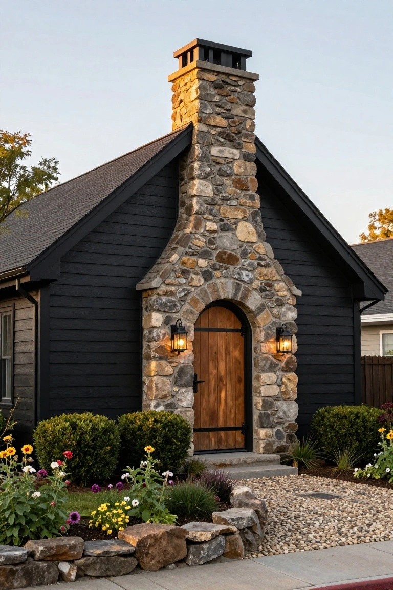 Black Craftsman-style house with tall stone chimney, arched stone entryway containing wooden door and flanked by lantern lights, black siding, shrubs, flowers, gravel path, and stone edging in front yard.