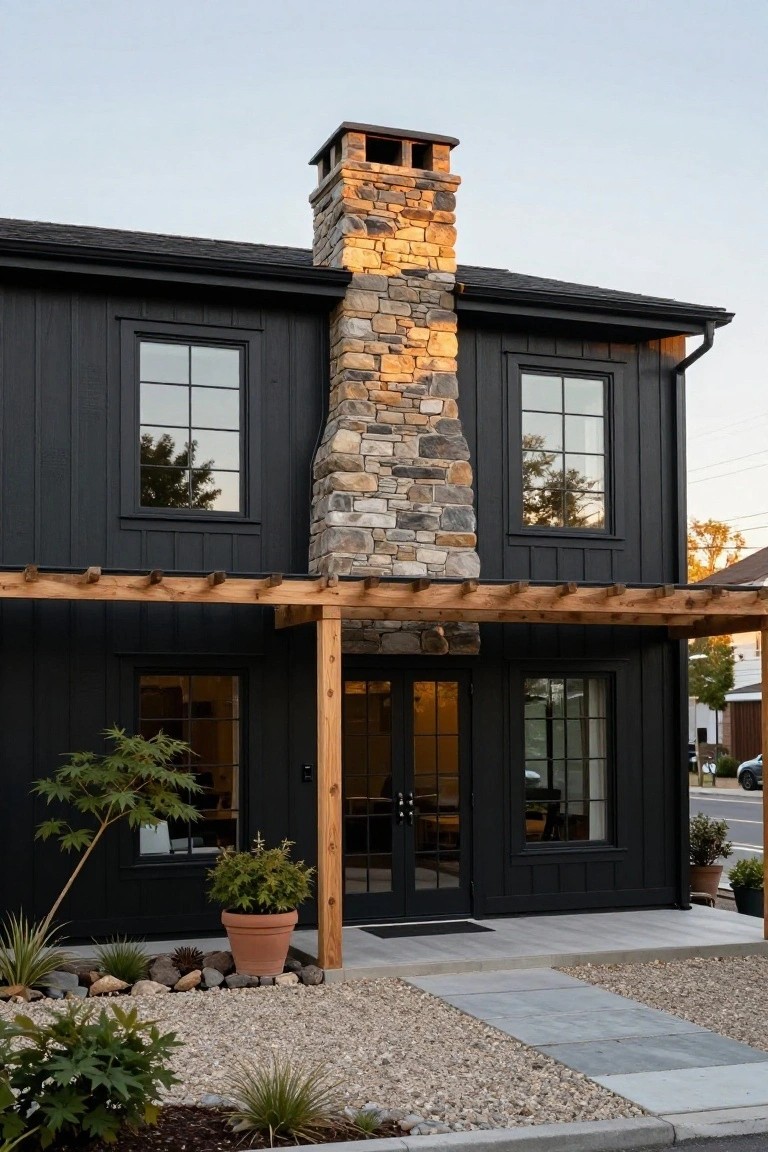 Two-story black board-and-batten sided Craftsman house exterior featuring a tall stacked stone chimney, wooden pergola over glass entry doors, potted plants, gravel ground cover, and concrete pathway.