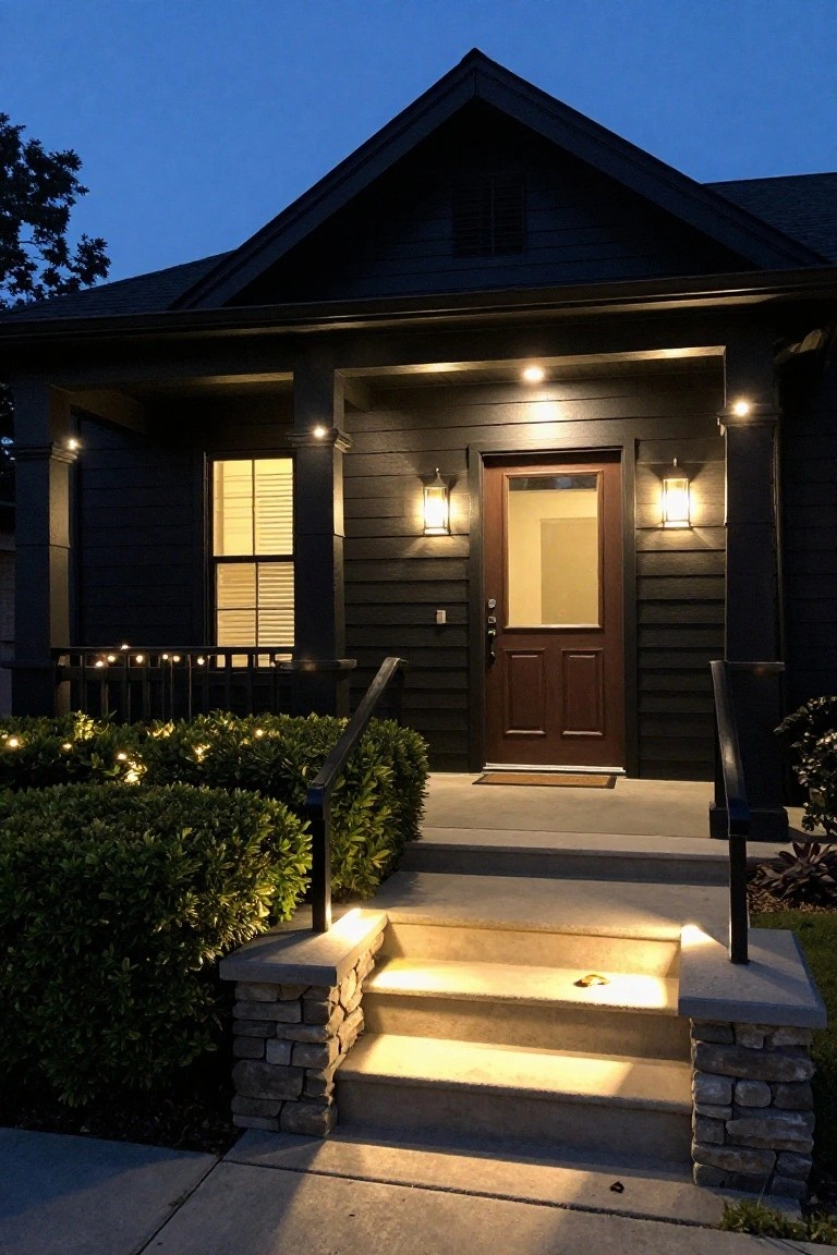 Twilight view of a two-story black Craftsman house exterior with gabled roof, covered front porch supported by columns, wooden front door, lit wall lanterns, stone steps with recessed lighting, boxwood hedges, and string lights on porch railing.