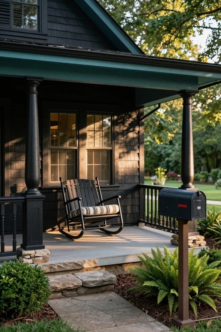 Black shingle Craftsman bungalow with turquoise soffit and porch ceiling, black rocking chair, dark columns, stone entry steps, boxwoods, ferns, and a black mailbox on a landscaped front yard.