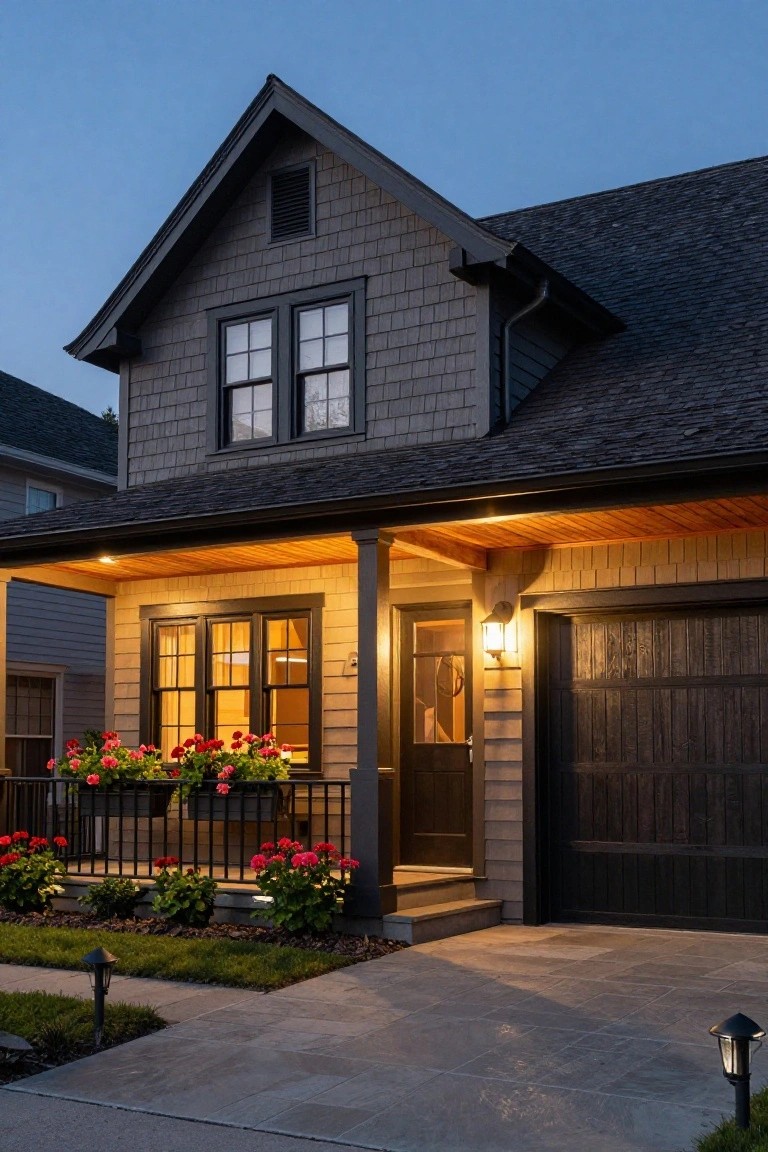 Evening photo of a two-story dark shingle Craftsman house with covered front porch, warm wood ceiling and beams, black-framed windows, wooden garage door, red geraniums in railing planters, and path lights.