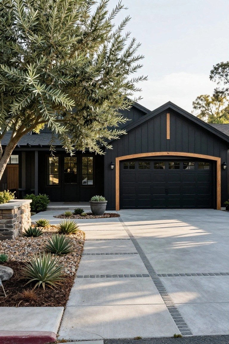 Black Craftsman house exterior with gabled roof, dark siding, wood-trimmed arched garage door, olive tree, agave plants in gravel bed, and concrete driveway with stone borders.