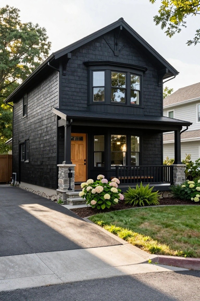 Black shingle Craftsman house with wooden orange front door, covered porch supported by stone pillars, hydrangea shrubs, and driveway in front yard.