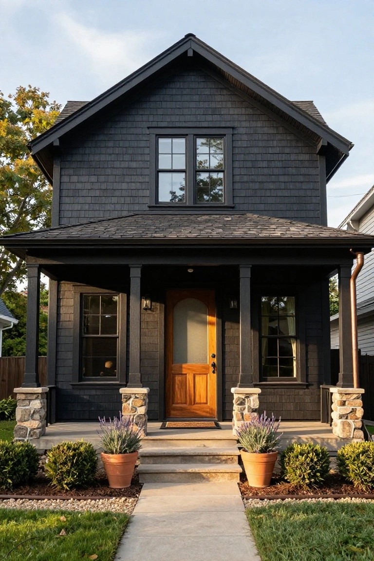 Two-story black shingle Craftsman house exterior featuring a prominent arched wooden front door with glass panel, black porch supported by stone pillars, potted lavender plants on the steps, boxwoods, and a concrete walkway bordered by grass and gravel beds.