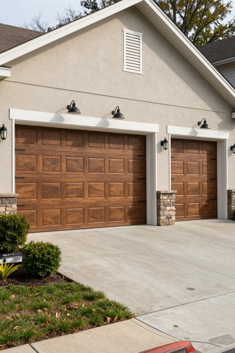 Beige stucco house exterior with two dark wood paneled garage doors, black gooseneck barn lights mounted above and beside the doors, stone pillar accents, concrete driveway, and small landscaping.