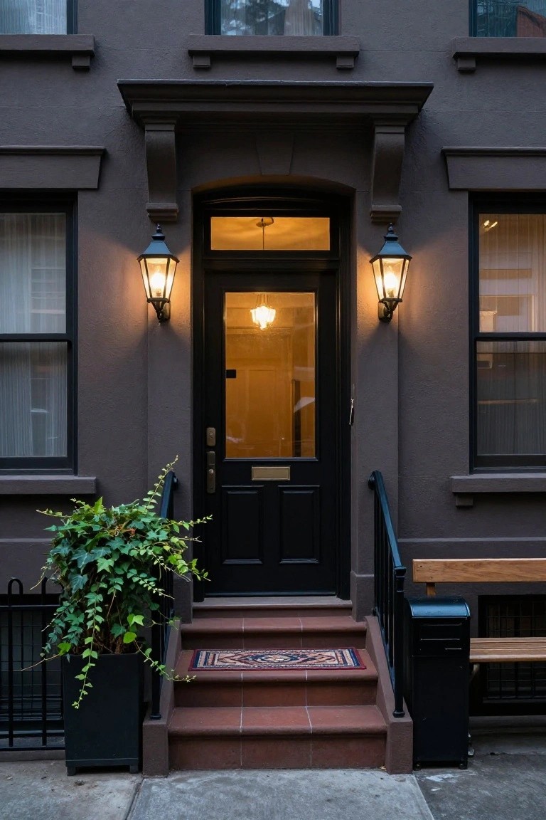 Dark brown rowhouse exterior with black double front door, two black metal lantern wall lights flanking it, red brick steps with patterned rug, potted ivy plant, black railing, mailbox, and wooden bench.