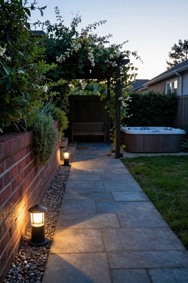 Stone pathway edged with black lantern lights and gravel next to a brick wall, leading past plants to a hot tub under a vine-covered wooden arbor in a backyard at dusk.