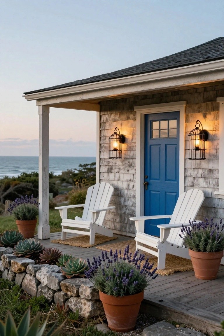 Shingle-style house exterior with a blue front door flanked by black cage lantern wall sconces, two white Adirondack chairs on the porch, potted lavender and succulents, stone retaining wall, and ocean view at dusk.