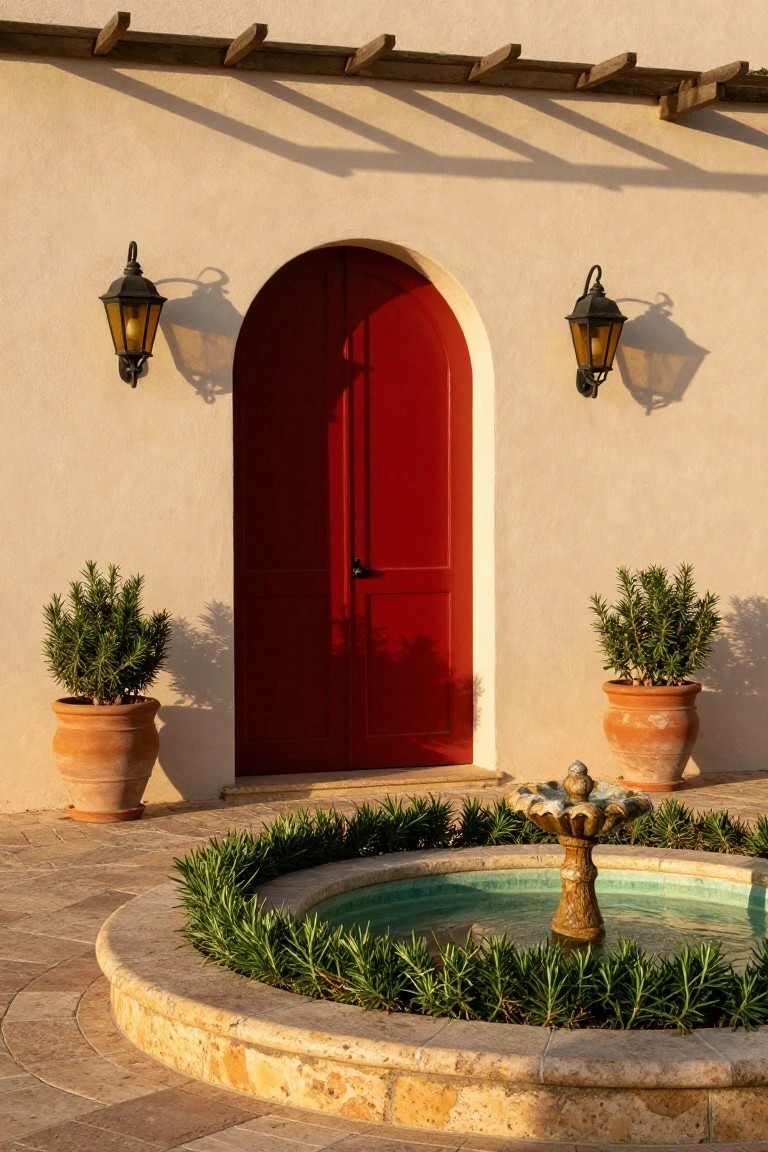 Beige stucco house exterior featuring a tall red arched door flanked by two black metal lantern wall sconces, with terracotta pots of rosemary plants on either side and a small stone fountain edged in greenery in the foreground.