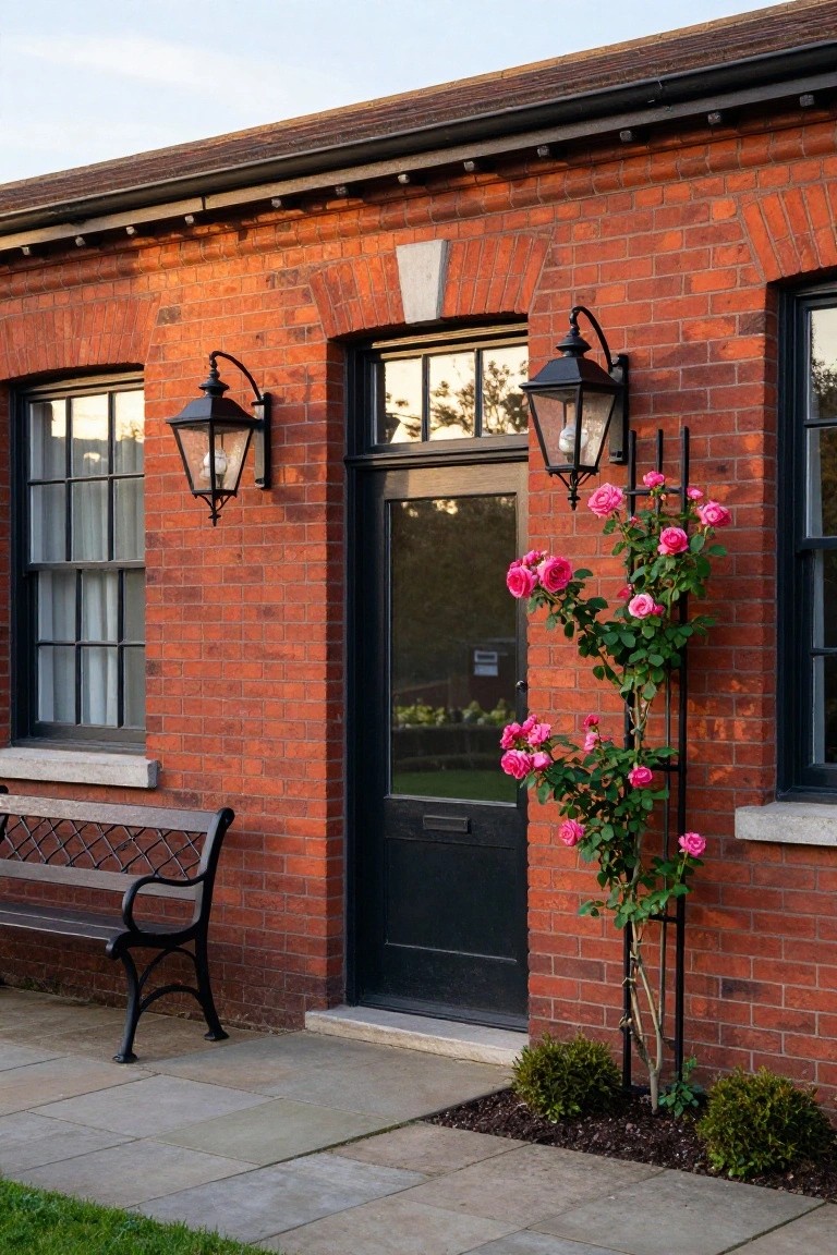 Red brick house exterior featuring a central black front door flanked by two black lanterns, pink climbing roses on a black metal trellis beside the door, and a black metal bench on a paved pathway.
