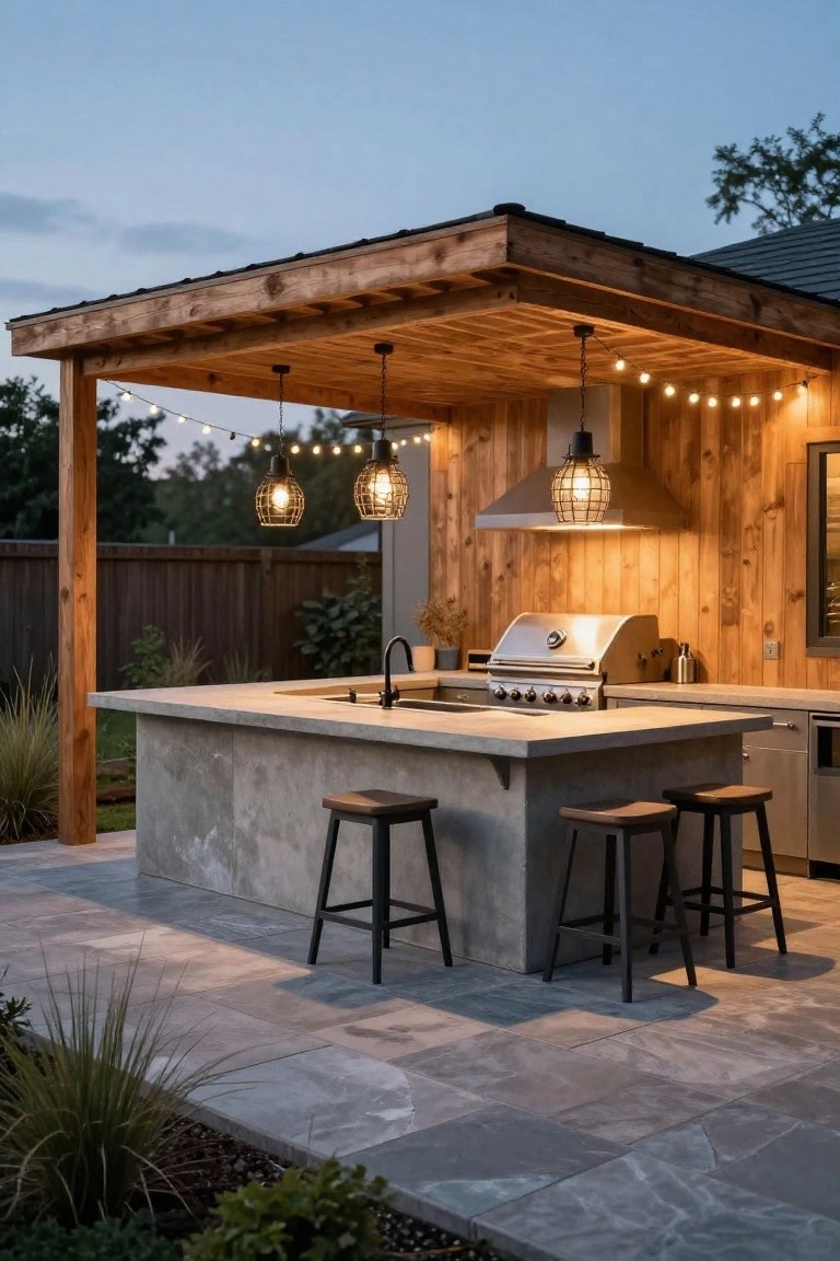 Wooden pergola-covered outdoor kitchen with concrete island, stainless steel grill and hood, black metal cage pendant lights hanging above, bar stools, sink, and string lights on a stone paver patio with plants nearby.
