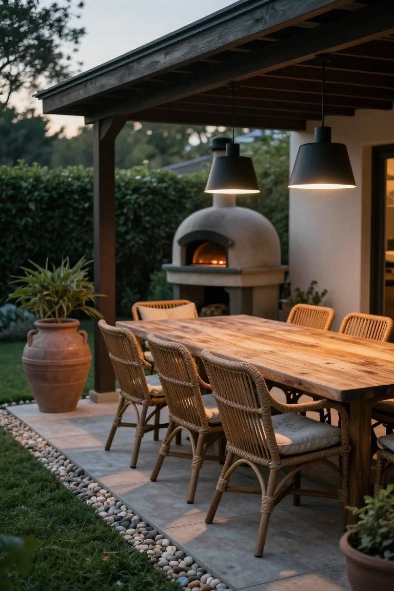 Covered outdoor patio with a long wooden dining table and rattan chairs, two black conical pendant lights hanging above the table, stone pizza oven in the background, potted plants, and gravel edging next to grass.