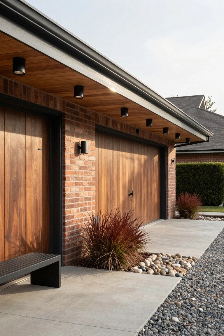 Double garage facade with vertical wood plank doors in black frames, red brick walls, black recessed cylindrical downlights under wooden soffit and eave, black wall-mounted cylindrical lights on brick, red ornamental grasses, pebble mulch, concrete path, and angled black bench.