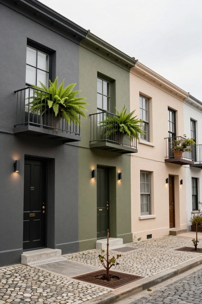 Three attached houses painted gray, green, and beige with black doors and window frames, cylindrical black wall sconces beside the doors, balconies with ferns and plants, and a cobblestone street with small trees.