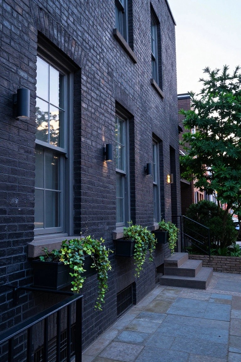 Black brick house exterior with double-hung windows, black cylindrical wall-mounted sconces, ivy-filled black window boxes, black metal railing, stone steps, and adjacent trees and shrubs.