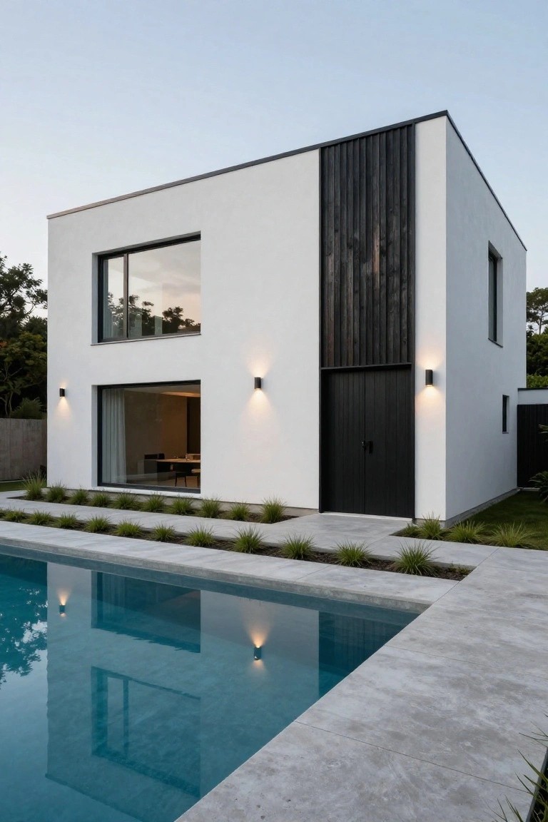 Modern white stucco house exterior with black vertical wood cladding on one corner, large glass windows and doors, black double entry doors flanked by black wall-mounted light fixtures, adjacent pool, and landscaping at dusk.