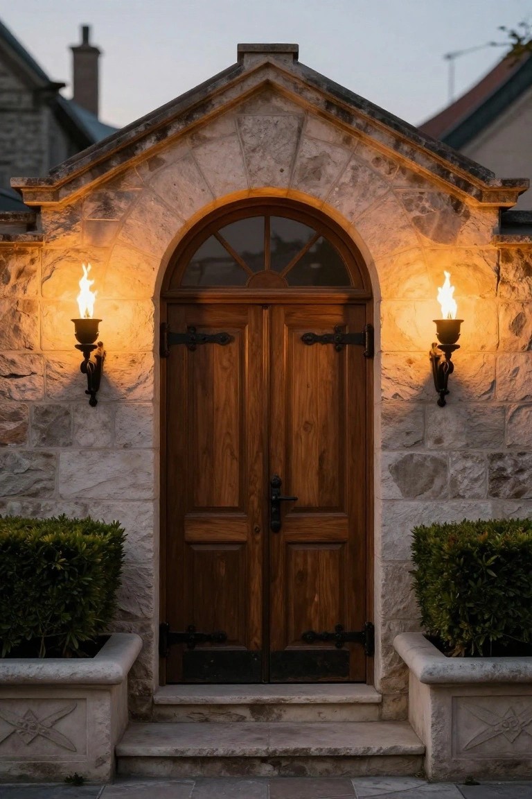 Stone archway entrance with double wooden doors, flanked by two black metal torch sconces with flames mounted on the walls, boxwood shrubs in stone planters, and steps leading up.