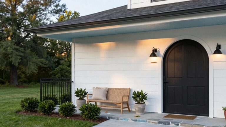 White clapboard house exterior featuring a black arched front door flanked by two black wall sconces, a wooden "HOME HOUSE" sign on the wall, potted plants, a wicker chair with beige cushion on stone steps, and surrounding shrubs and path.