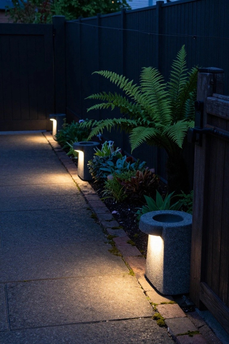 Night view of a concrete garden pathway edged with plants including ferns and succulents, illuminated by several dark stone bollard lights next to a black wooden fence.