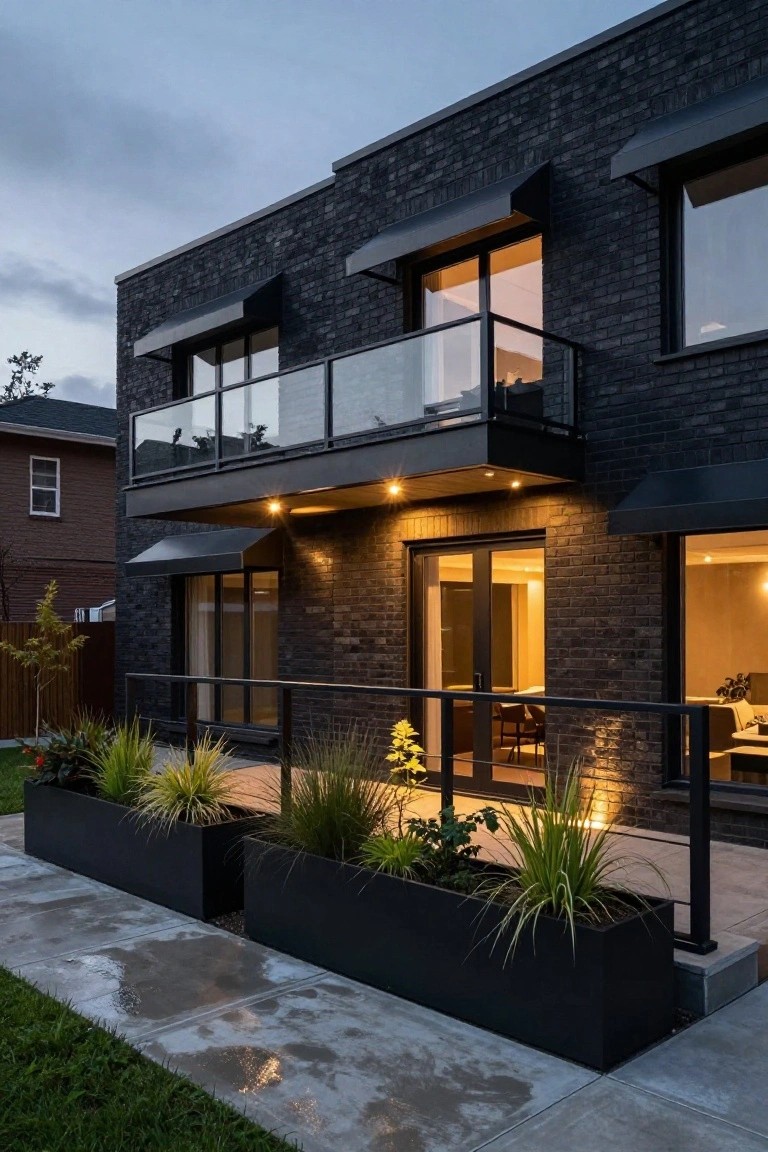 A two-story modern house with black brick exterior at dusk, featuring a cantilevered upper balcony with glass railings, large windows with warm interior lights, black planters with grasses along a concrete path, and a neighboring house in the background.